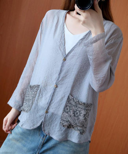 Unique gray tops women blouses v neck Button Down daily blouse