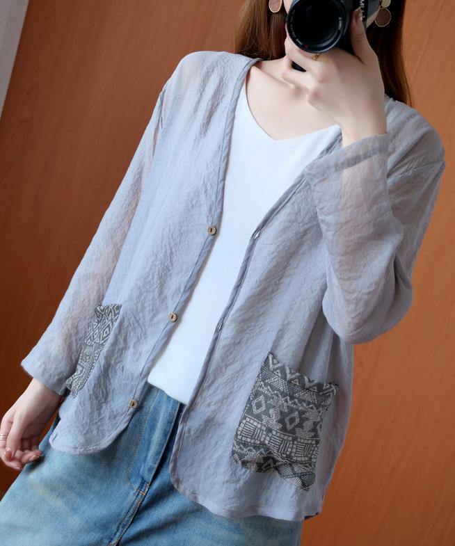 Unique gray tops women blouses v neck Button Down daily blouse