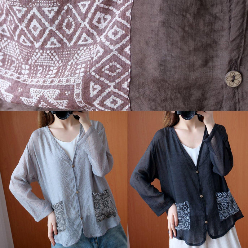 Unique Gray Tops Blouses V Neck Button Down Daily Blouse