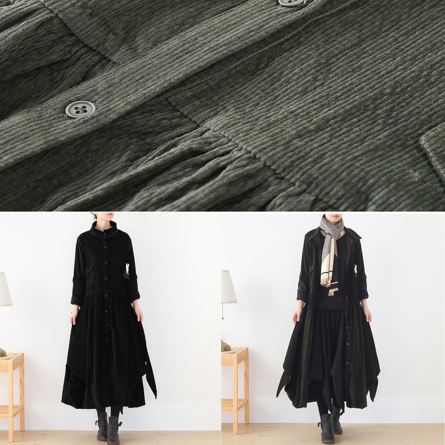 Unique Green Trench Coat Tunic Tops False Two Pieces Spring Coats