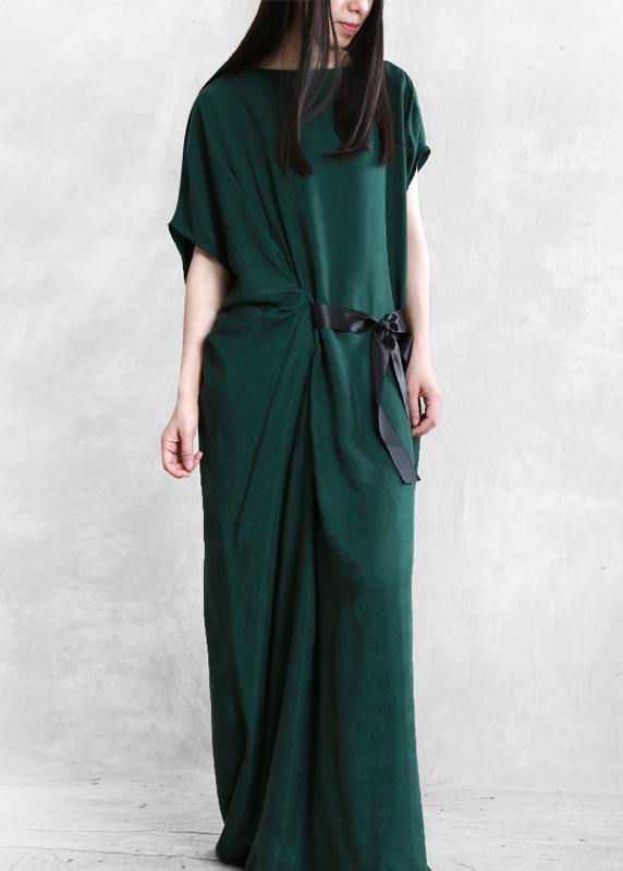 Unique Green Dress O Neck Asymmetric Robe Summer Dress