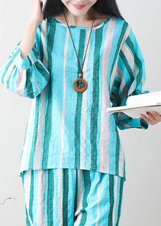 Unique Green Linen Clothes for Tunic Tops Striped Summer Top