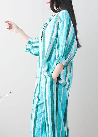 Unique Green Linen Clothes for Tunic Tops Striped Summer Top