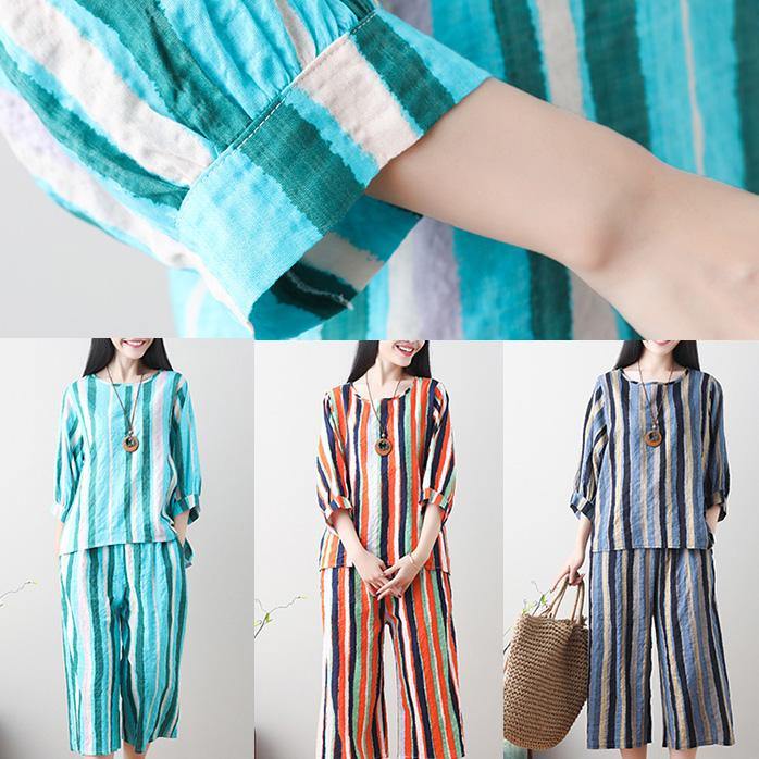 Unique Green Linen Clothes for Tunic Tops Striped Summer Top