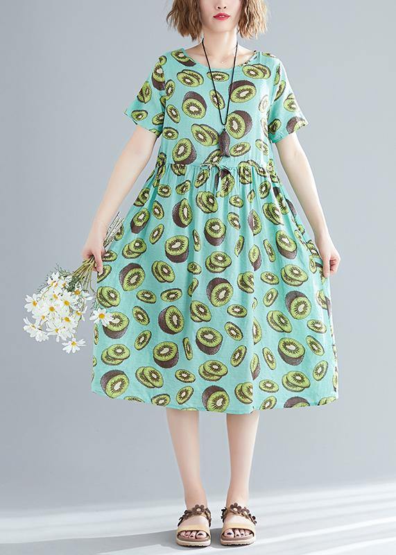 Unique Green Print Linen Clothes Korea Pattern O Neck Drawstring Art Summer Dress