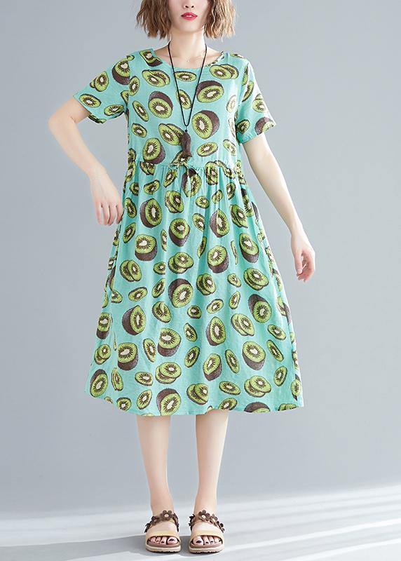 Unique Green Print Linen Clothes Korea Pattern O Neck Drawstring Art Summer Dress
