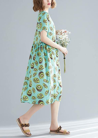 Unique Green Print Linen Clothes Korea Pattern O Neck Drawstring Art Summer Dress