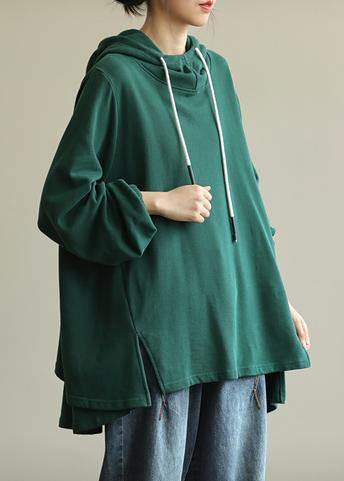 Unique green tunic pattern hooded drawstring Plus Size Clothing blouses