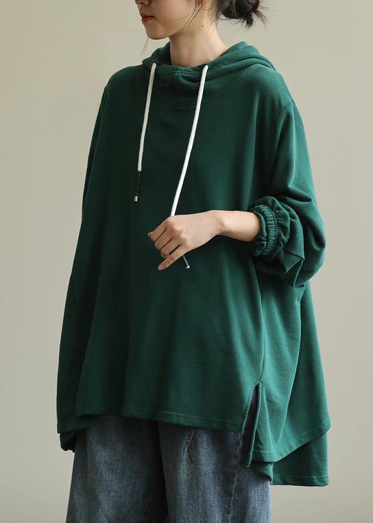 Unique green tunic pattern hooded drawstring Plus Size Clothing blouses