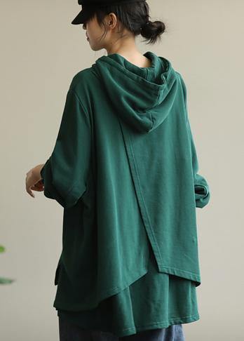Unique green tunic pattern hooded drawstring Plus Size Clothing blouses