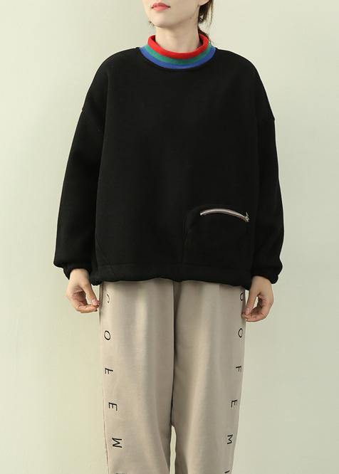 Unique High Neck Patchwork Zippered Tops Black Tunic Shirts
