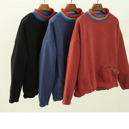 Unique high neck patchwork zippered tops women black tunic shirts