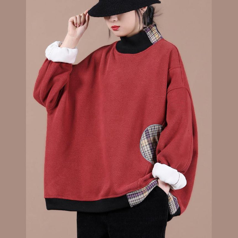 Unique High Neck Spring Clothes Photography Red Patchwork Plaid Top
