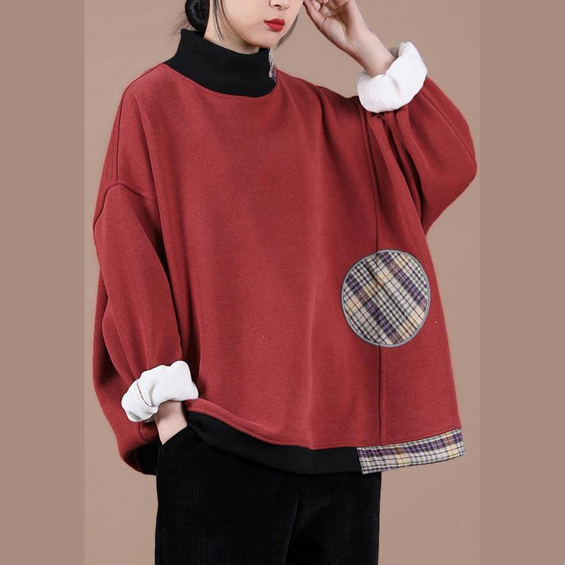 Unique High Neck Spring Clothes Photography Red Patchwork Plaid Top