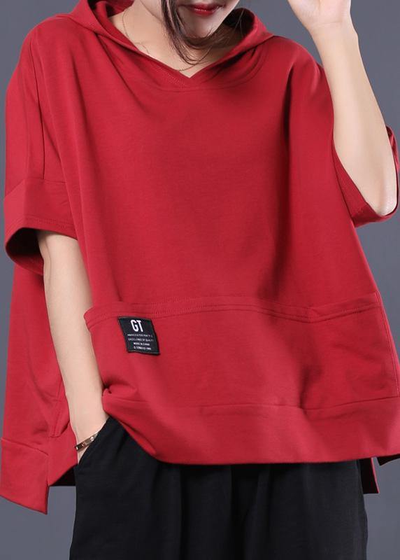 Unique Hooded Cotton Tunic Pattern Red Side Open Shirts Summer