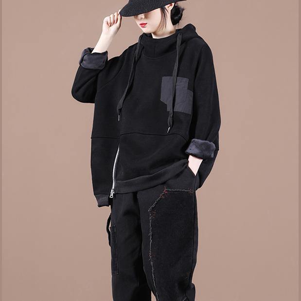 Unique Hooded Patchwork Tunics for Work Outfits Black Thick Blouses