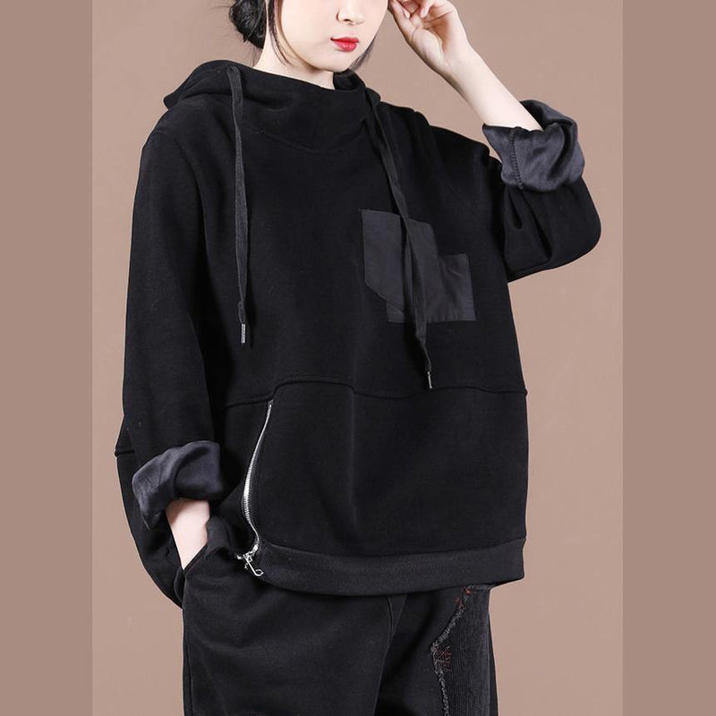 Unique Hooded Patchwork Tunics for Work Outfits Black Thick Blouses