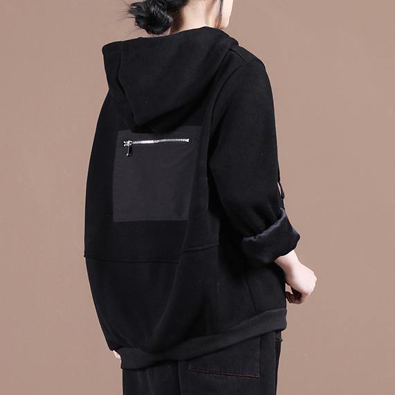 Unique Hooded Patchwork Tunics for Work Outfits Black Thick Blouses