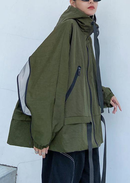 Unique Hooded Pockets Fall Coat Army Green Baggy Coat
