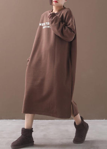 Unique Khaki Cotton Long Shirts Side Open Cotton Robes Alphabet Prints Dress
