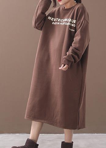 Unique Khaki Cotton Long Shirts Side Open Cotton Robes Alphabet Prints Dress