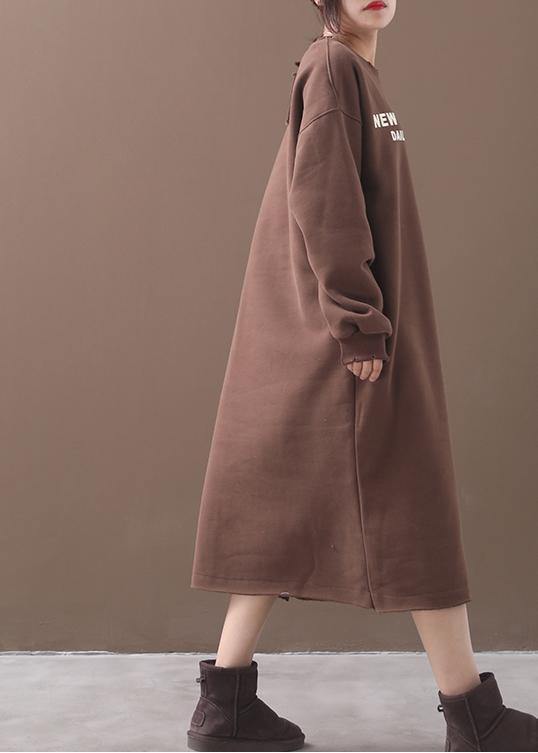 Unique Khaki Cotton Long Shirts Side Open Cotton Robes Alphabet Prints Dress