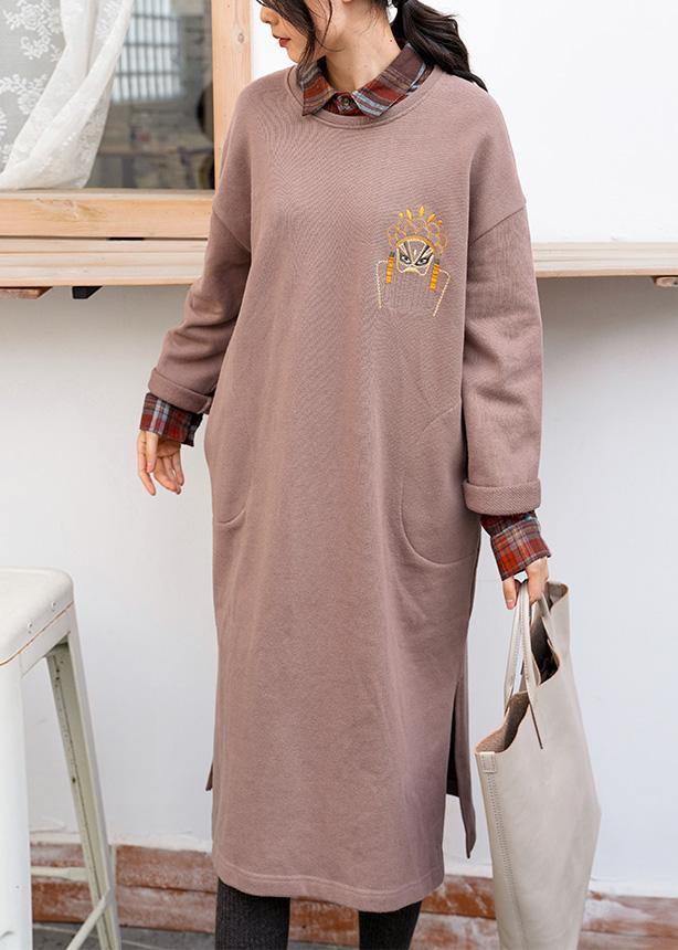Unique Khaki Cotton Clothes O Neck Side Open Dresses