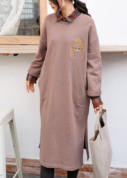 Unique Khaki Cotton Clothes O Neck Side Open Dresses