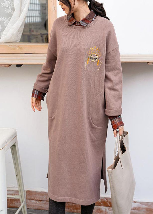 Unique Khaki Cotton Clothes O Neck Side Open Dresses