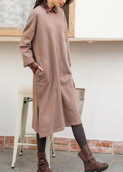 Unique Khaki Cotton Clothes O Neck Side Open Dresses