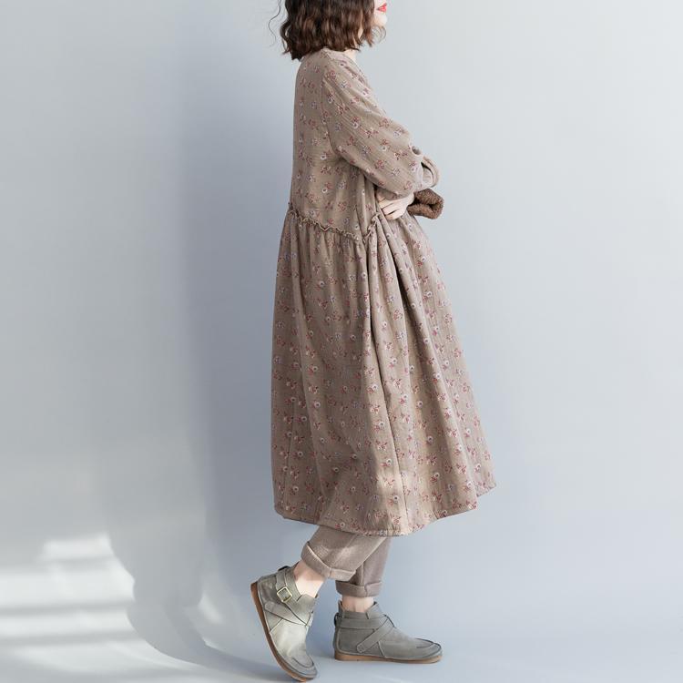 Unique Khaki Linen Cotton Dresses Fine Christmas Gifts Kaftan O Neck Cinched Dress