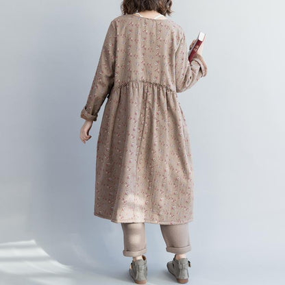 Unique Khaki Linen Cotton Dresses Fine Christmas Gifts Kaftan O Neck Cinched Dress