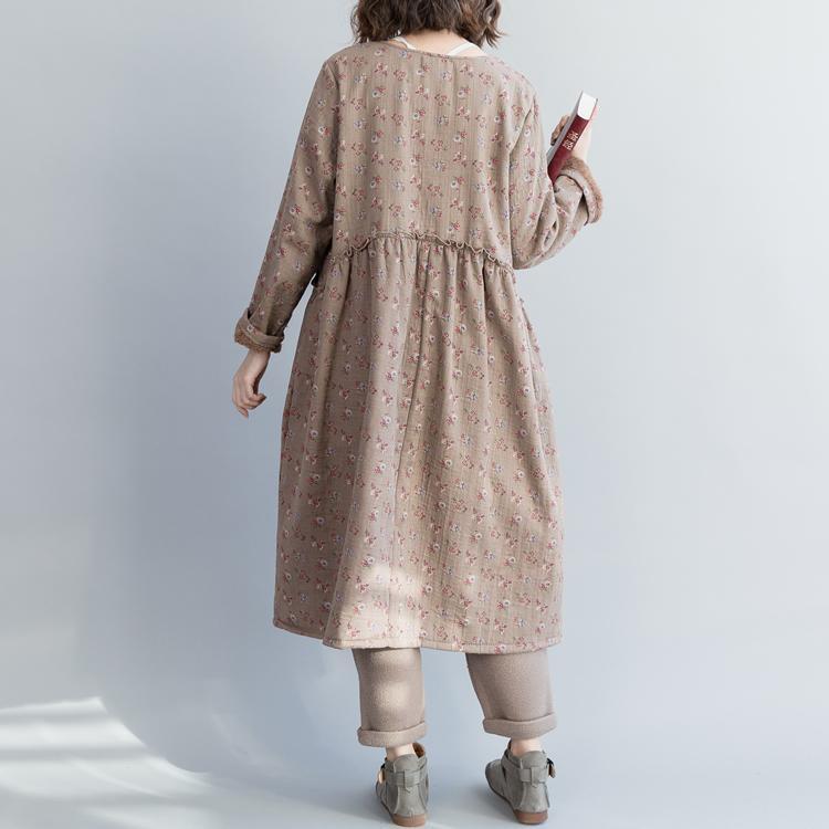 Unique Khaki Linen Cotton Dresses Fine Christmas Gifts Kaftan O Neck Cinched Dress