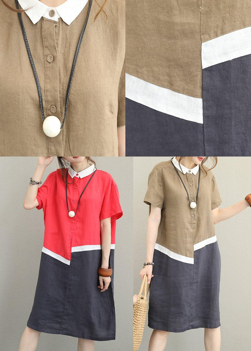 Unique Khaki Linen Dress Lapel Patchwork Cotton Dress