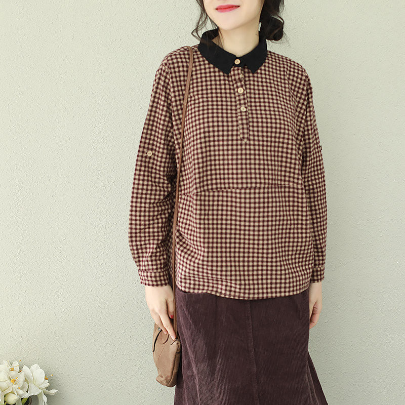 Unique Lapel Cotton Linen Clothes Stylish Sleeve Purple Chocolate Plaid Midi Tops