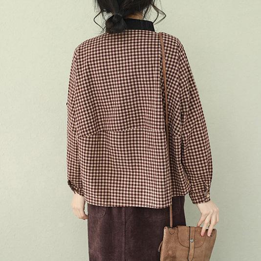 Unique Lapel Cotton Linen Clothes Stylish Sleeve Purple Chocolate Plaid Midi Tops