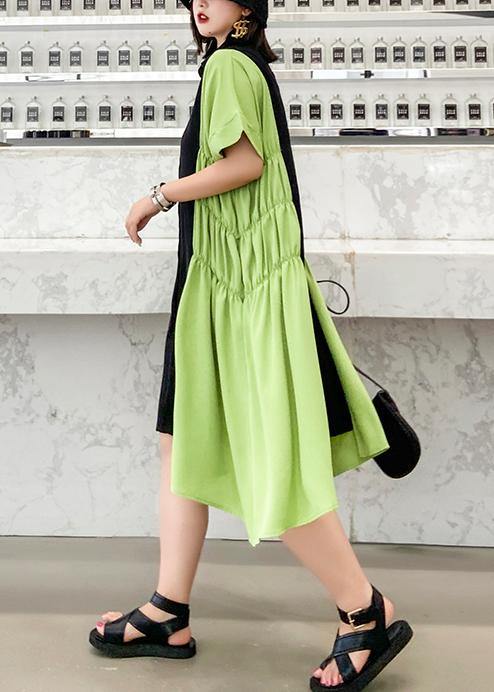 Unique Lapel Cinched Robes Pattern Black Patchwork Green Dress