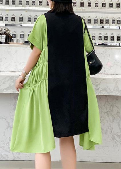 Unique Lapel Cinched Robes Pattern Black Patchwork Green Dress