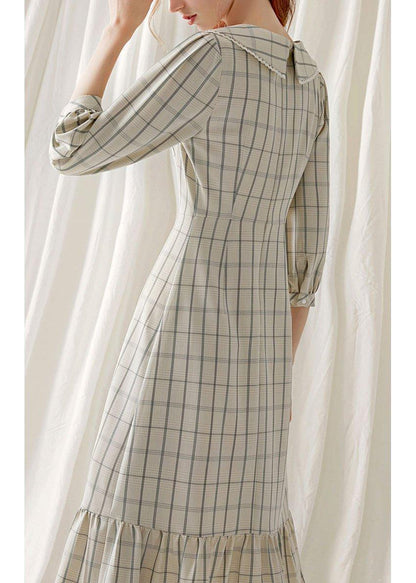 Unique Light Nude Plaid Blended Clothes Ruffles Hem Cotton Robes Fall Dresses