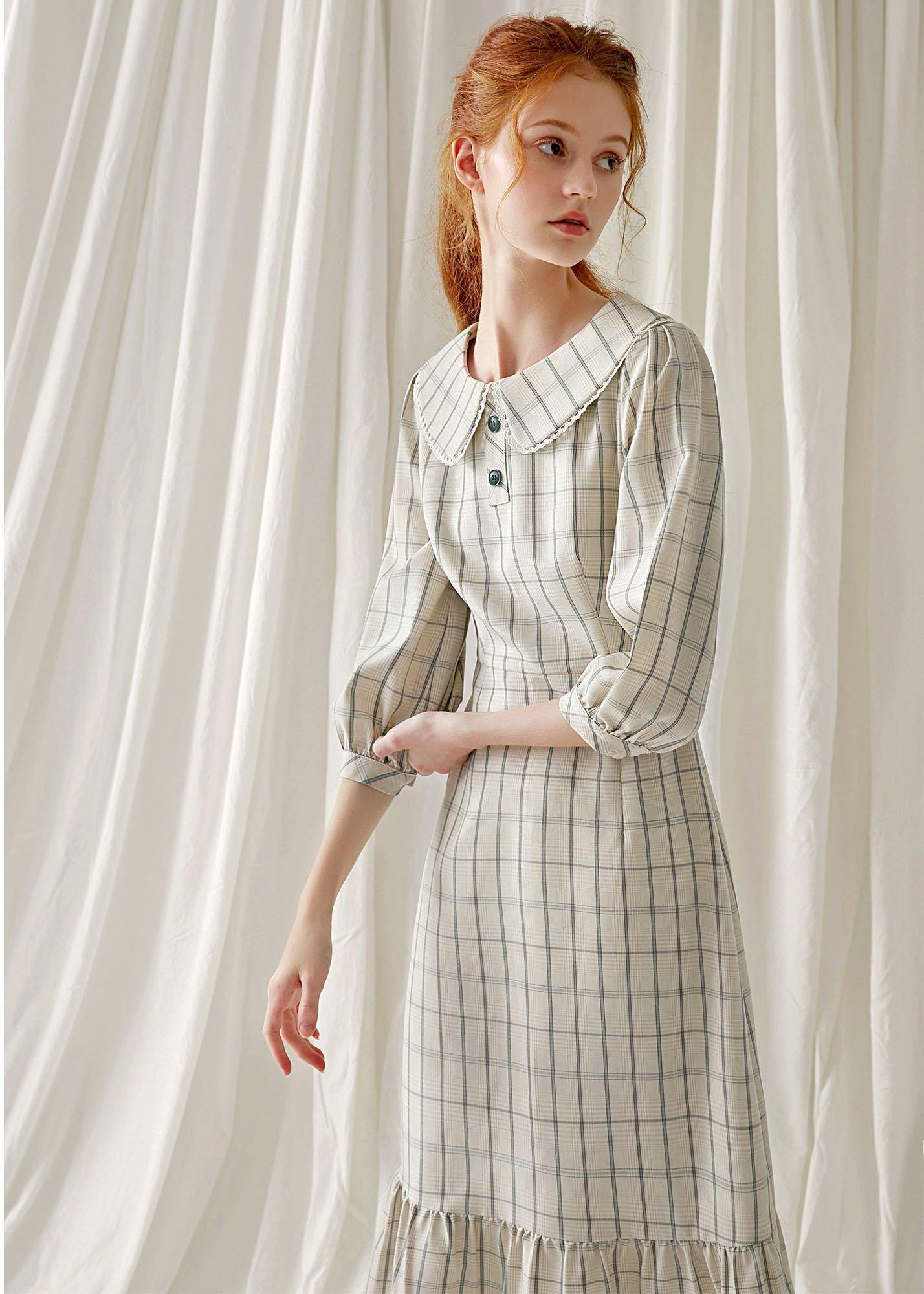 Unique Light Nude Plaid Blended Clothes Ruffles Hem Cotton Robes Fall Dresses