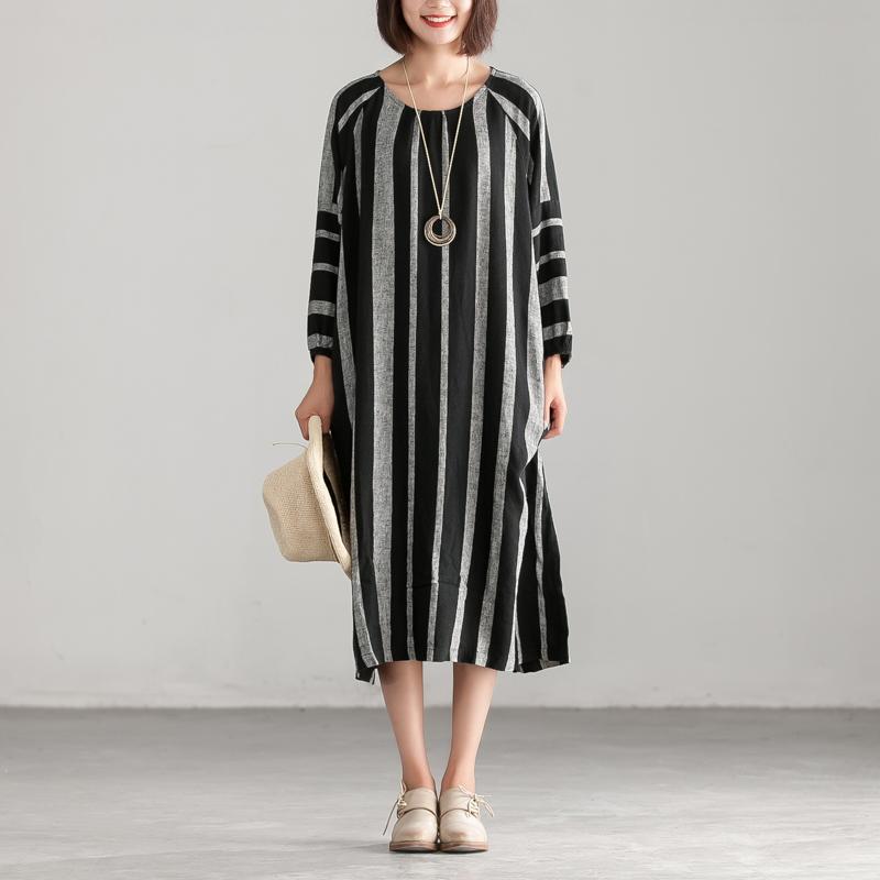Unique Linen Cotton Quilting Dresses Stylish Black and Gary Stripe Loose Dress