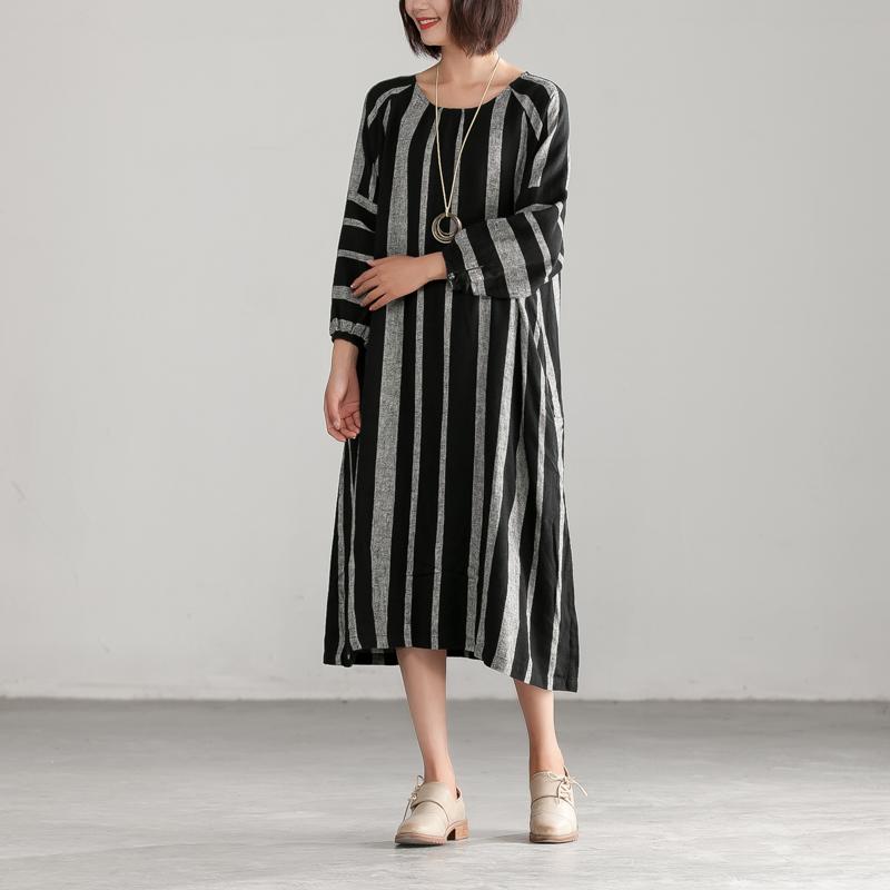 Unique Linen Cotton Quilting Dresses Stylish Black and Gary Stripe Loose Dress