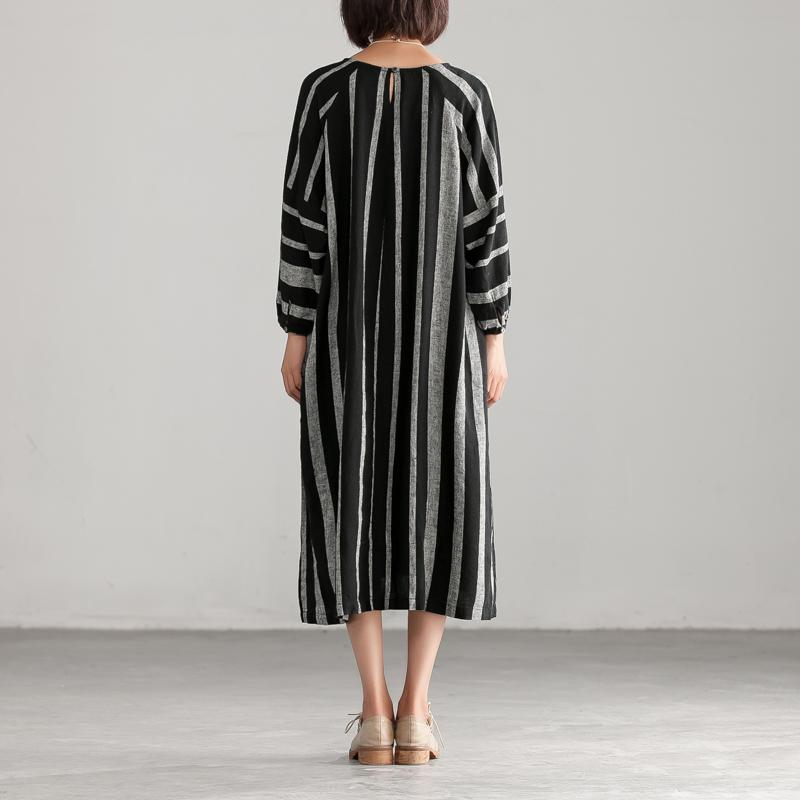 Unique Linen Cotton Quilting Dresses Stylish Black and Gary Stripe Loose Dress