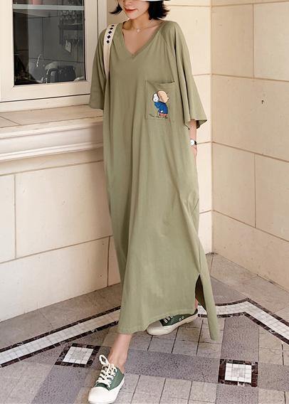 Unique Low High Design Cotton Tunics Wardrobes Army Green V Neck Robe Dresses Summer