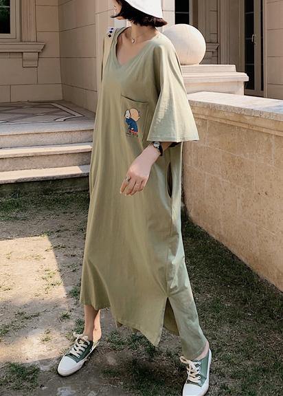 Unique Low High Design Cotton Tunics Wardrobes Army Green V Neck Robe Dresses Summer