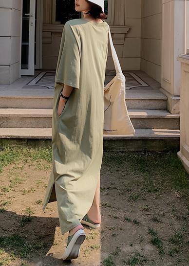 Unique Low High Design Cotton Tunics Wardrobes Army Green V Neck Robe Dresses Summer