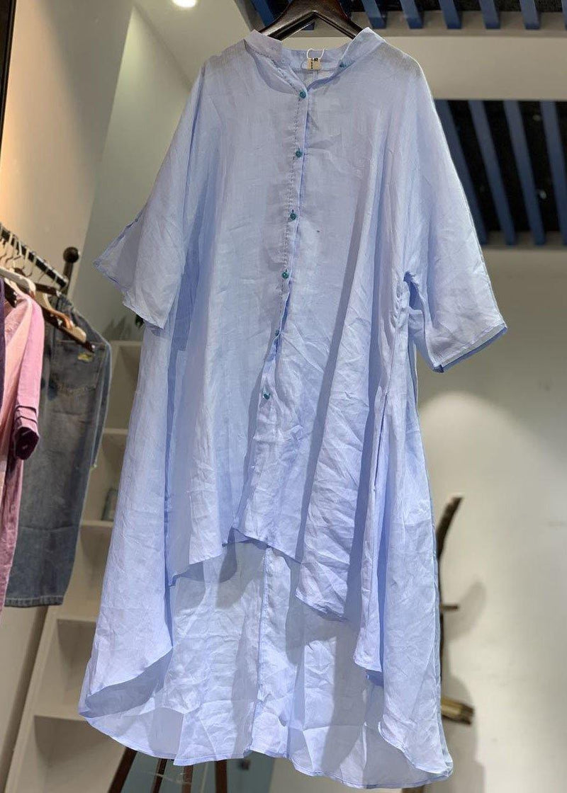 Unique Low High Design Linen Shirt Dress Catwalk Blue Dresses