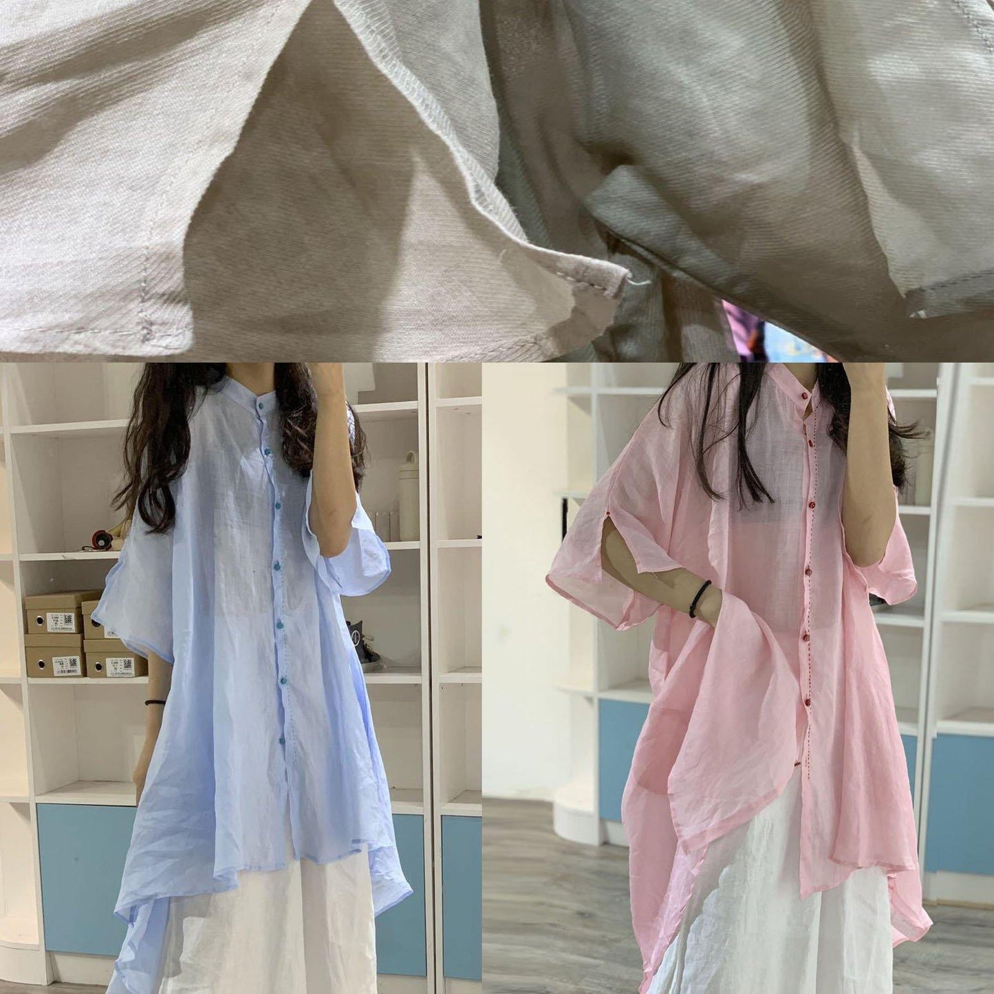 Unique Low High Design Linen Shirt Dress Catwalk Blue Dresses