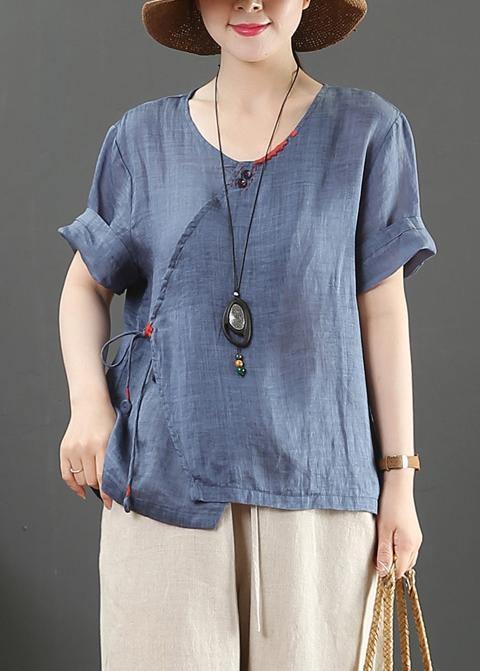 Unique Navy Linen Blouse O Neck Button Down Midi Tops
