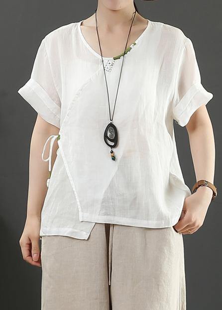 Unique Navy Linen Blouse O Neck Button Down Midi Tops